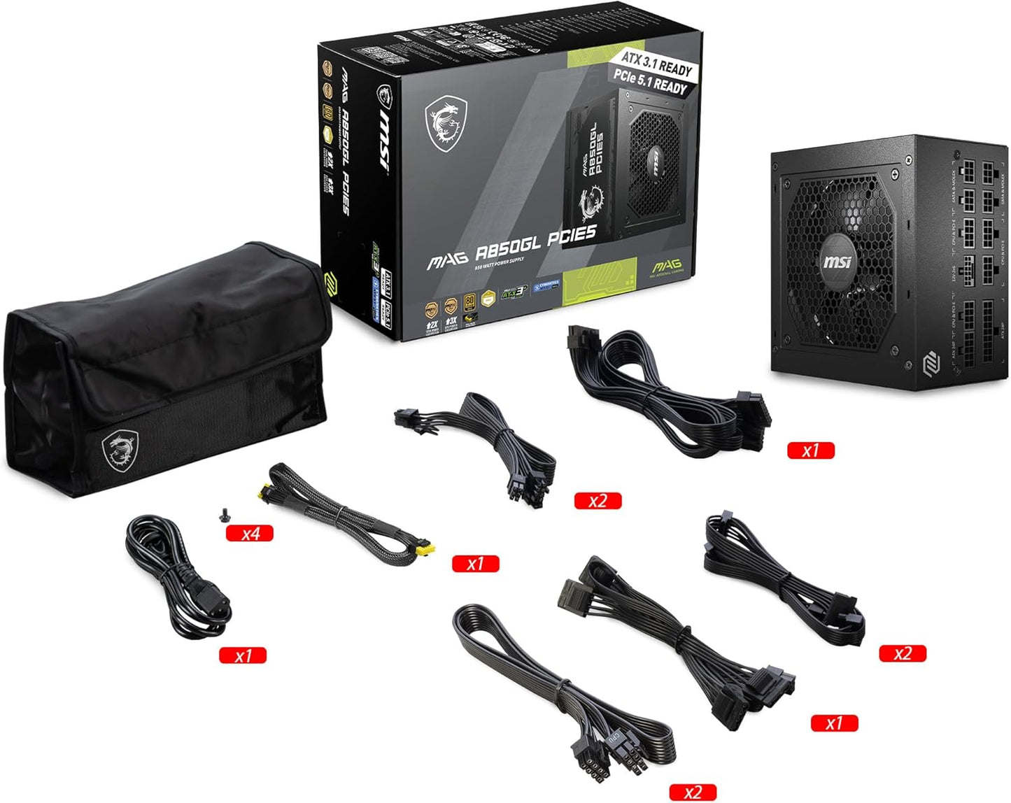 MSI PS MAG A850GLS PCIE5 850W 80+ Gold Fully-Modular ATX 12V APFC