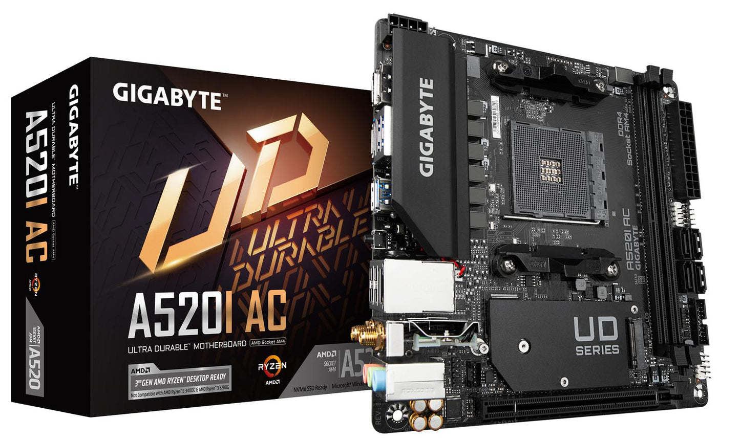 Gigabyte A520I AC AMD A520 AM4 Ryzen 64GB DDR4 PCIE DP HDMI Mini-ITX