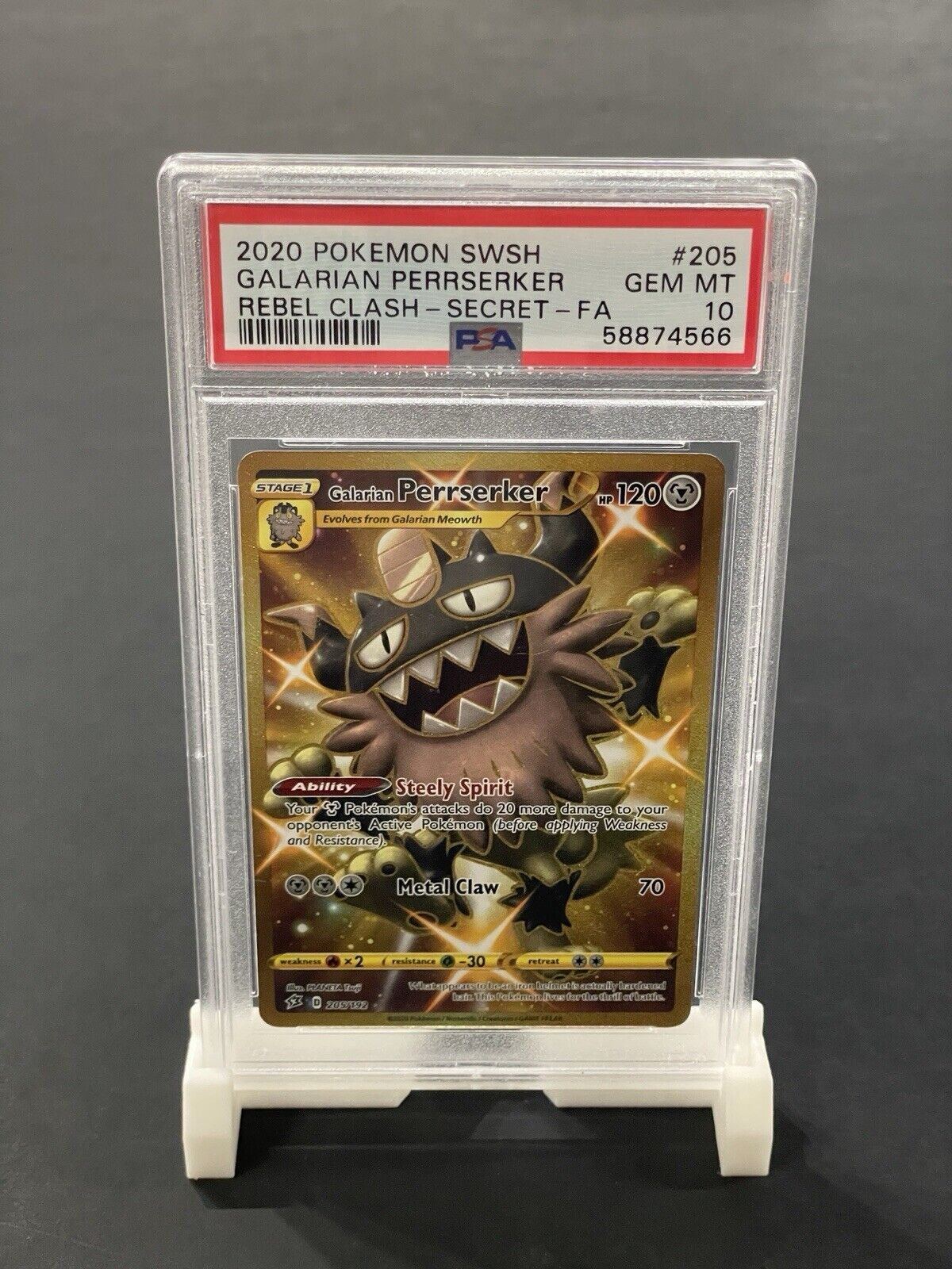 2020 Pokemon Rebel Clash #205 Full Art Galarian Perrserker Secret PSA 10