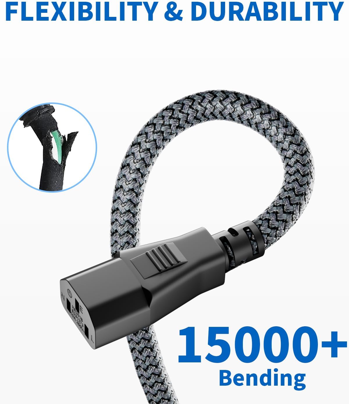 Power Cord, 3.3FT/1M 3 Prong AC Power Cable-Nylon Braided Replacement 3 Pin Power Cord for Computer, Monitor, Printer, PC, TV, Projector,Power Supply Cable-UL Certified