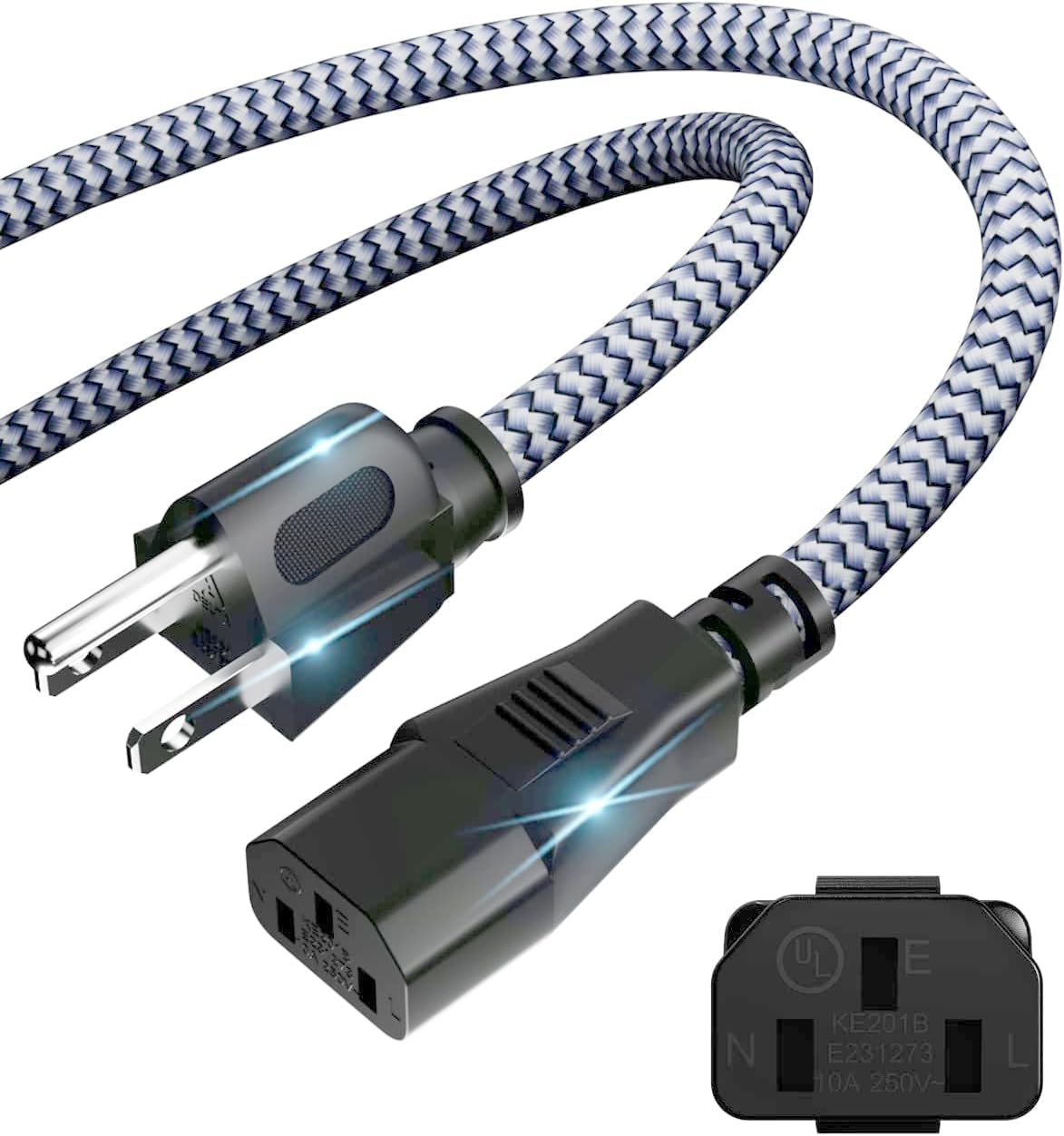 Power Cord, 3.3FT/1M 3 Prong AC Power Cable-Nylon Braided Replacement 3 Pin Power Cord for Computer, Monitor, Printer, PC, TV, Projector,Power Supply Cable-UL Certified