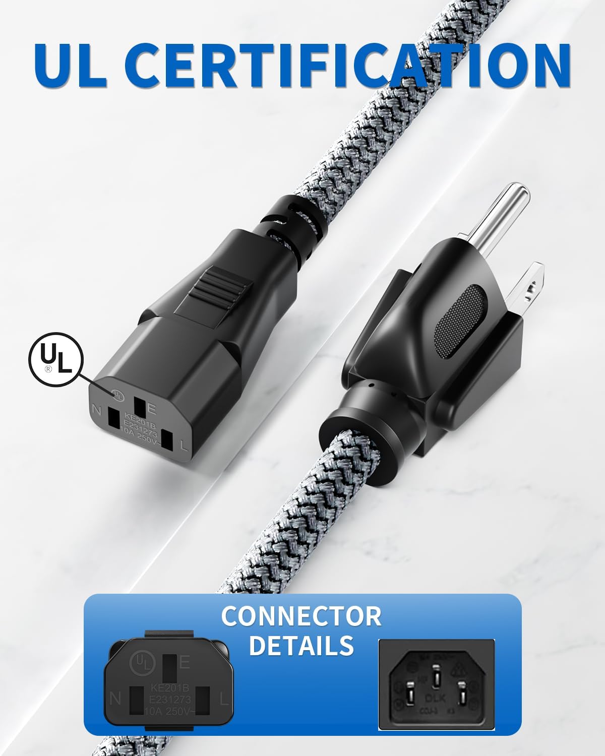 Power Cord, 3.3FT/1M 3 Prong AC Power Cable-Nylon Braided Replacement 3 Pin Power Cord for Computer, Monitor, Printer, PC, TV, Projector,Power Supply Cable-UL Certified