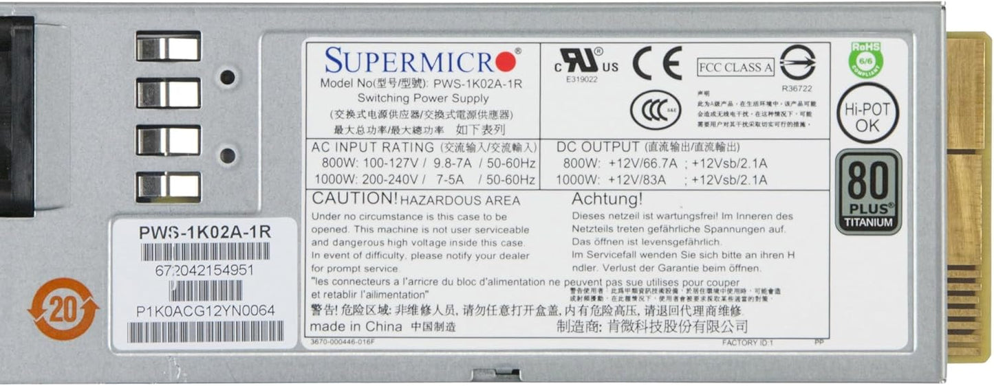 Supermicro PWS-1K03A-1R 1U 1000W Redundant Titanium Level 96% w PMBus