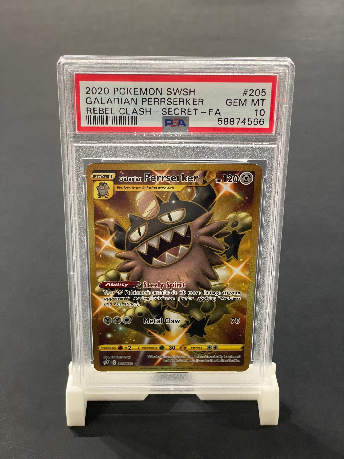 Perrserker 205/192 Rebel Clash Holo Foil PSA Gem Mint 10 - Pokémon Card