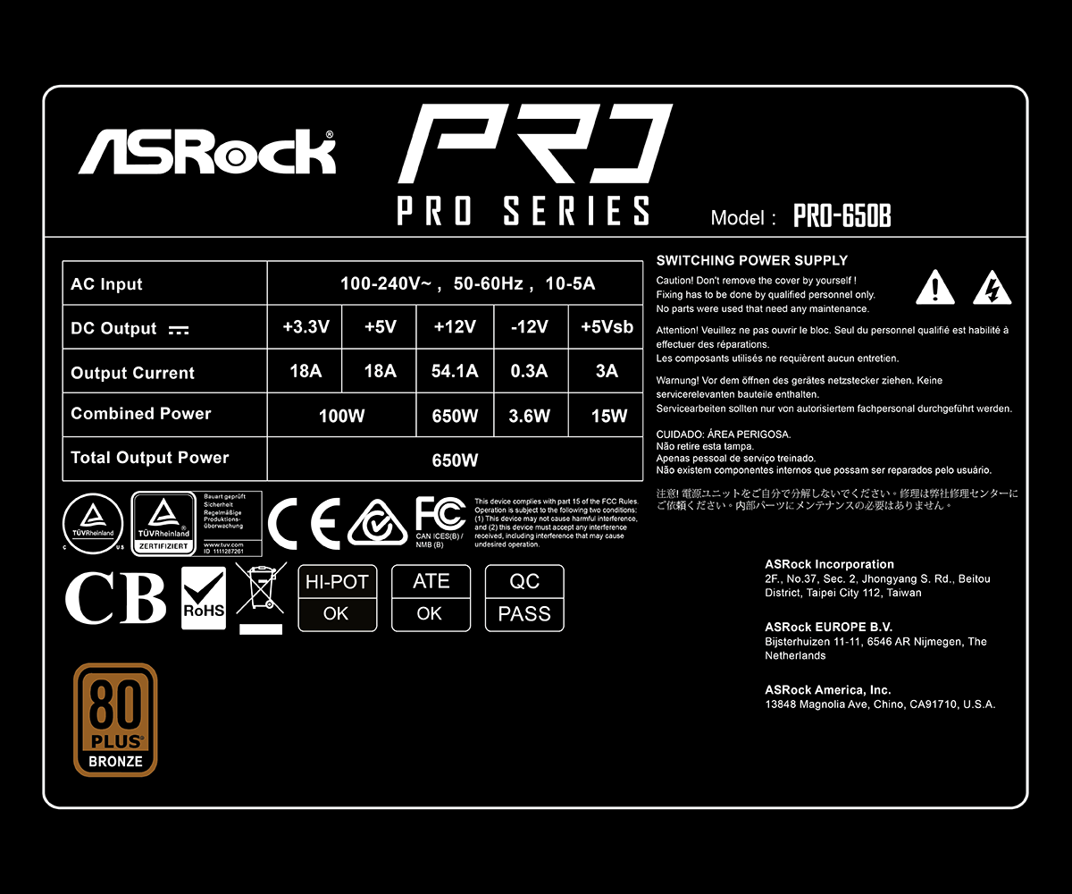 ASRock PS PRO-650B 650W ATX3.1 80+Bronze