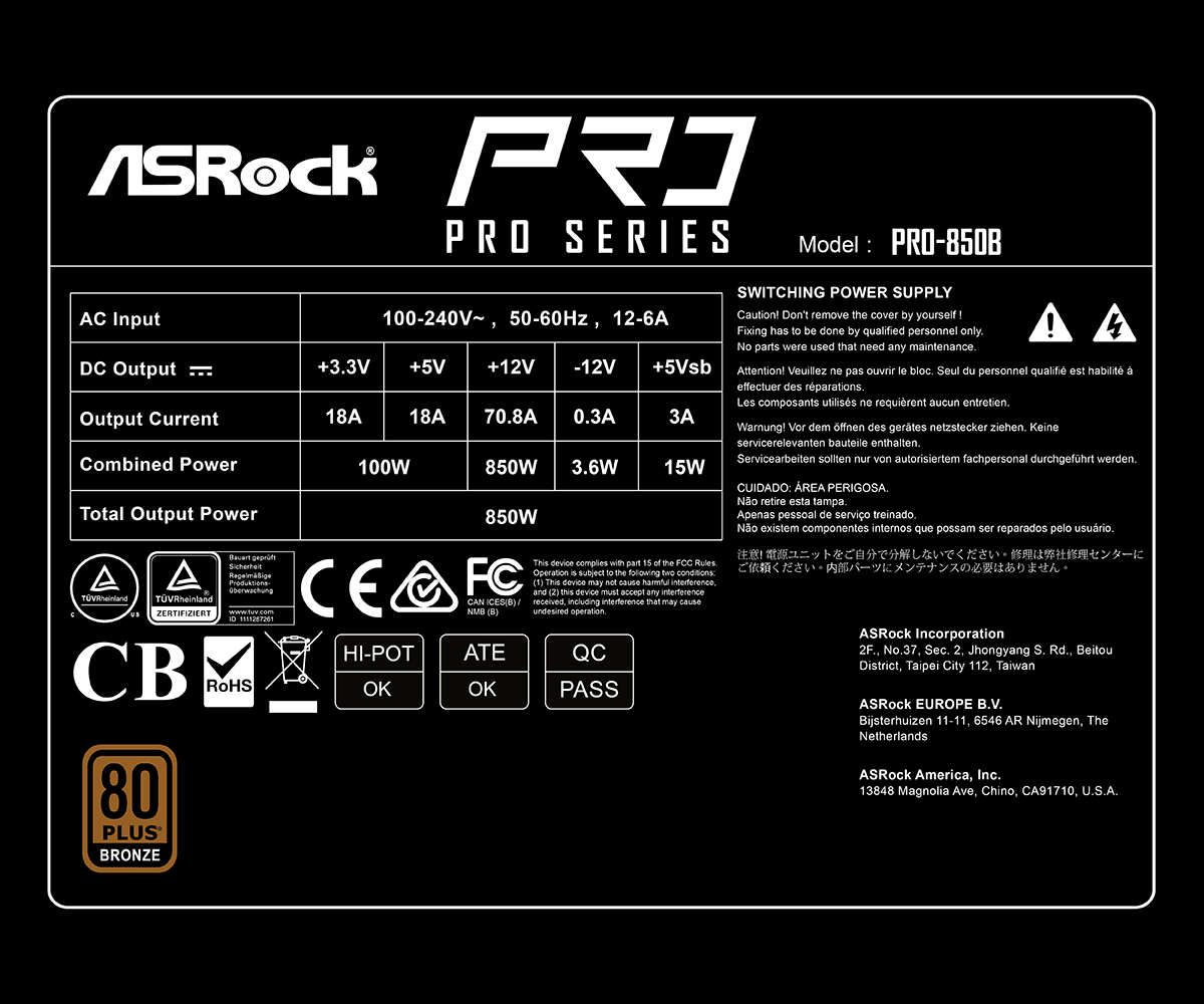 ASRock PS PRO-850B 850W ATX3.1 80+Bronze