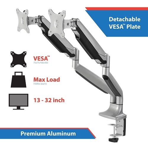 SIIG AC CE-MT2E12-S1 Support de bureau à ressort à gaz en aluminium de haute qualité double argent