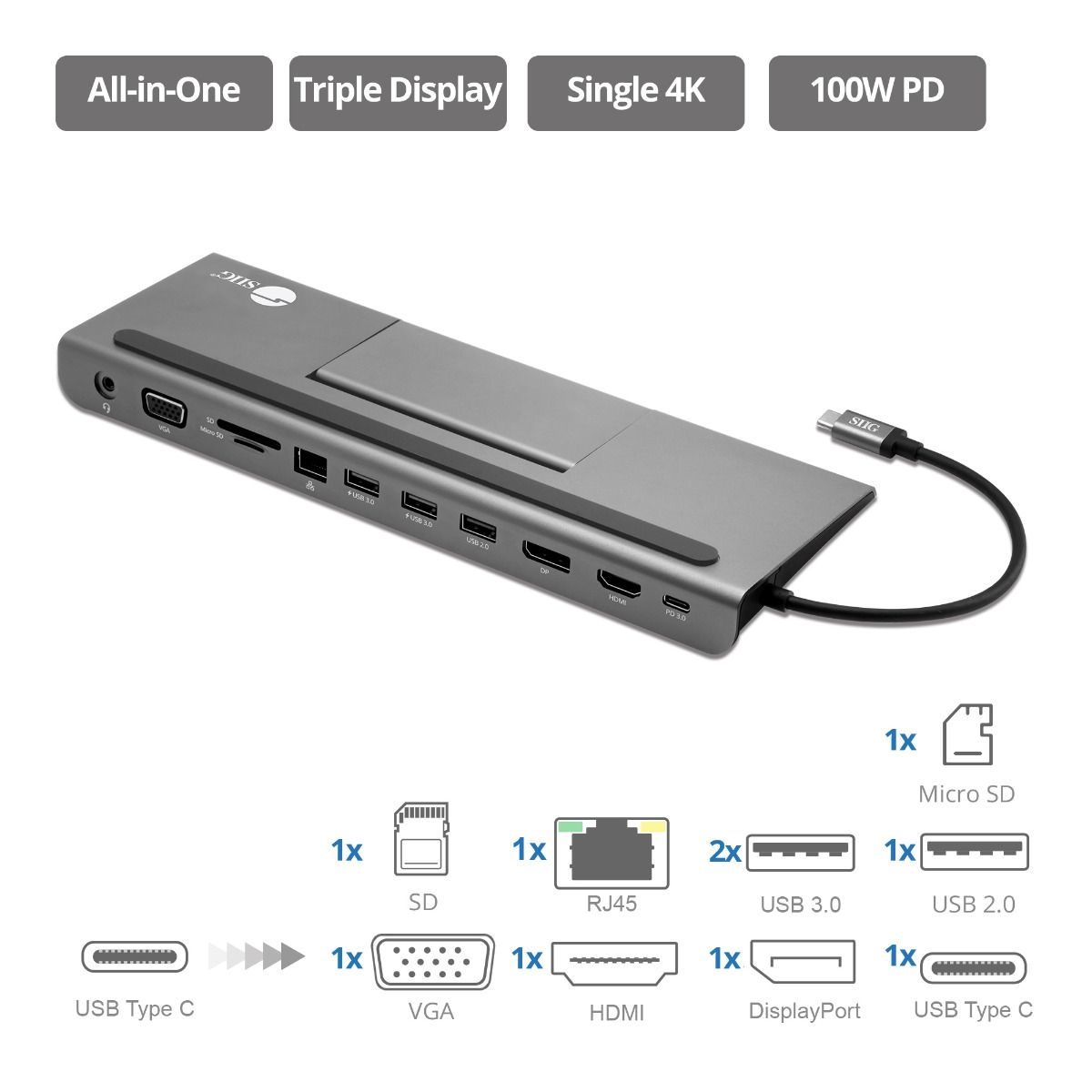 SIIG Accessory JU-DK0E11-S1 Aluminum USB-C MST Video Docking Station with PD Brown Box