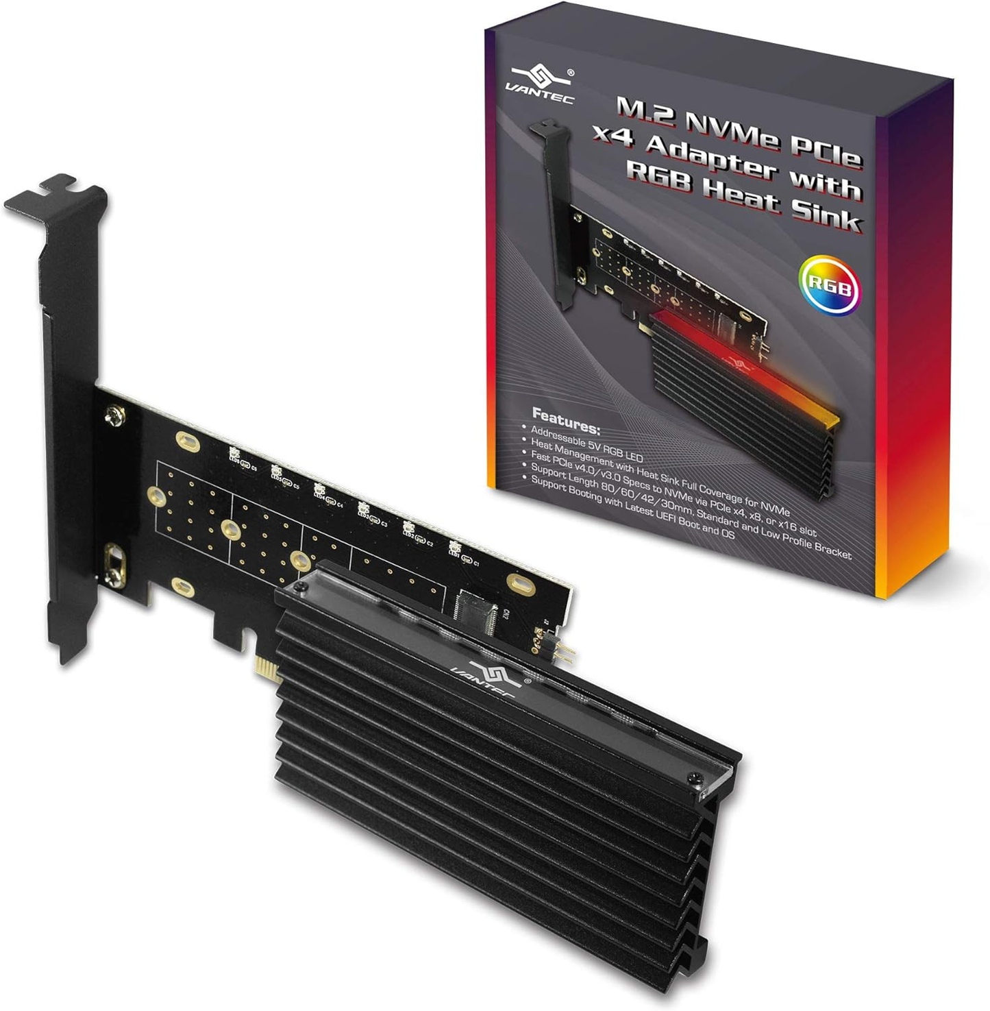 Vantec UGT-M2PC12-RGB M.2 NVMe PCIe x4 RGB LED Card with Heat Sink