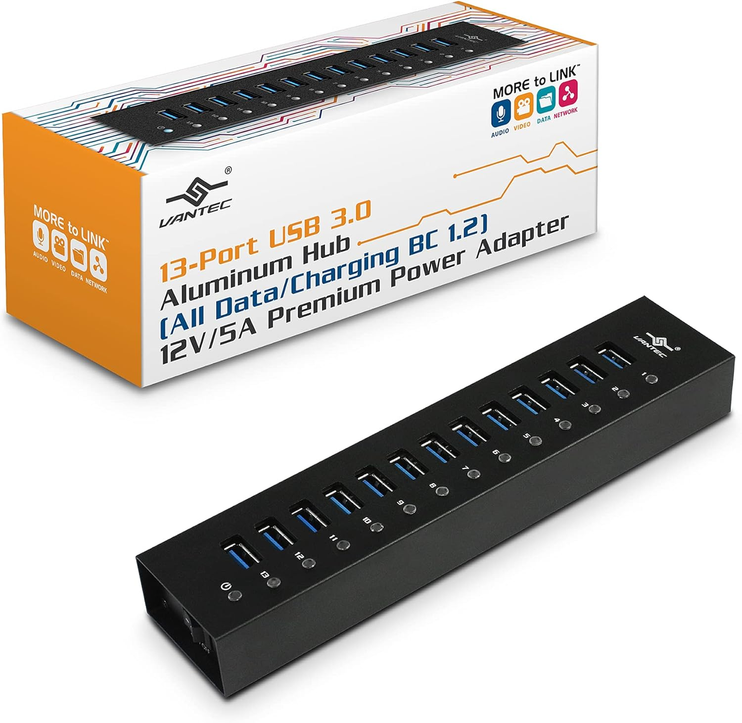 Vantec UGT-AH131U3-BK 13-Port USB 3.0 Aluminum Hub Data Charging 12V 5A
