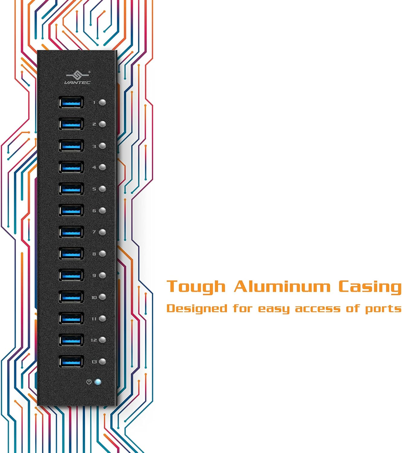 Vantec UGT-AH131U3-BK 13-Port USB 3.0 Aluminum Hub Data Charging 12V 5A