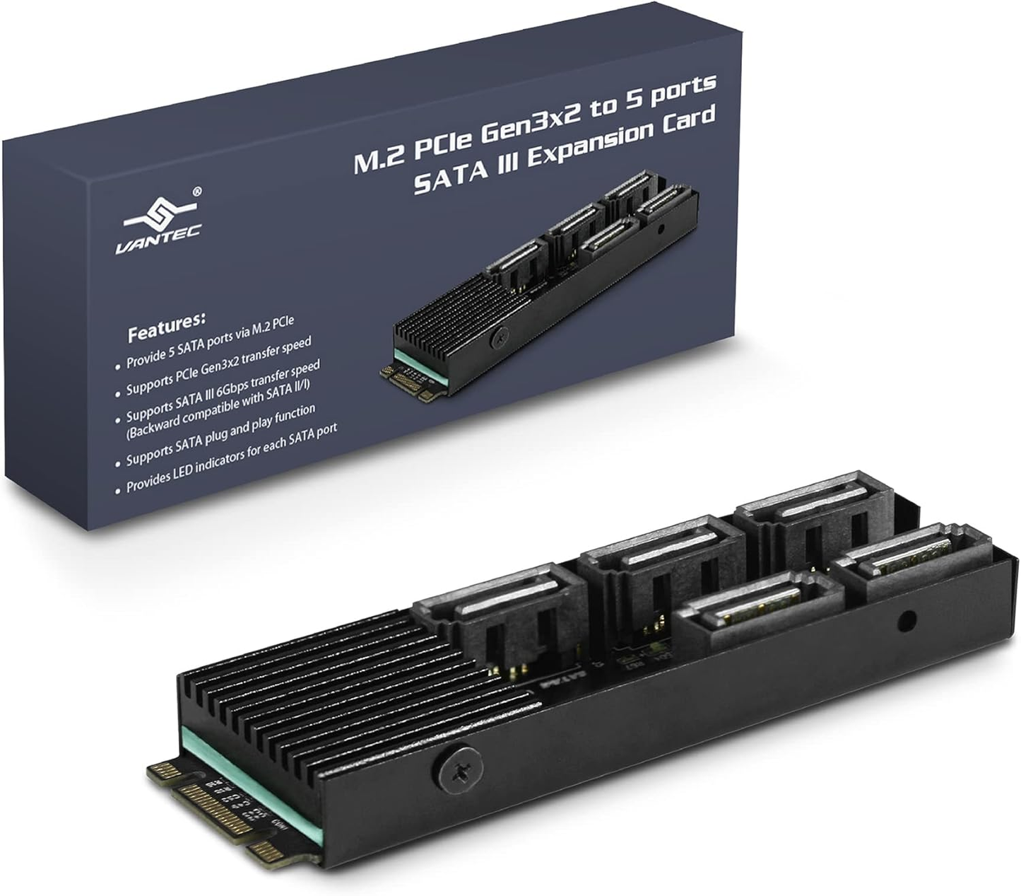 Vantec UGT-M2670 M.2 PCIe Gen3x2 B+M Key To 5 Ports SATA III Expansion Card