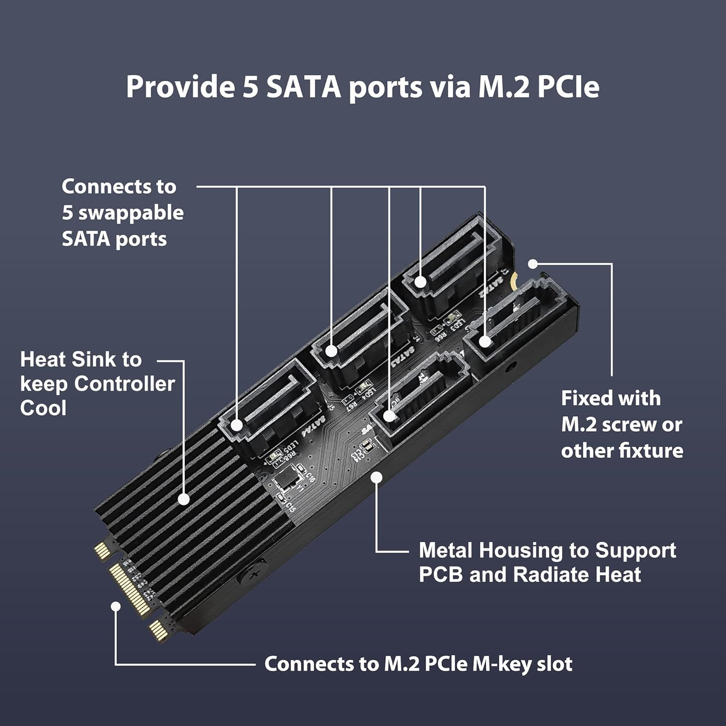 Vantec UGT-M2670 M.2 PCIe Gen3x2 B+M Key To 5 Ports SATA III Expansion Card