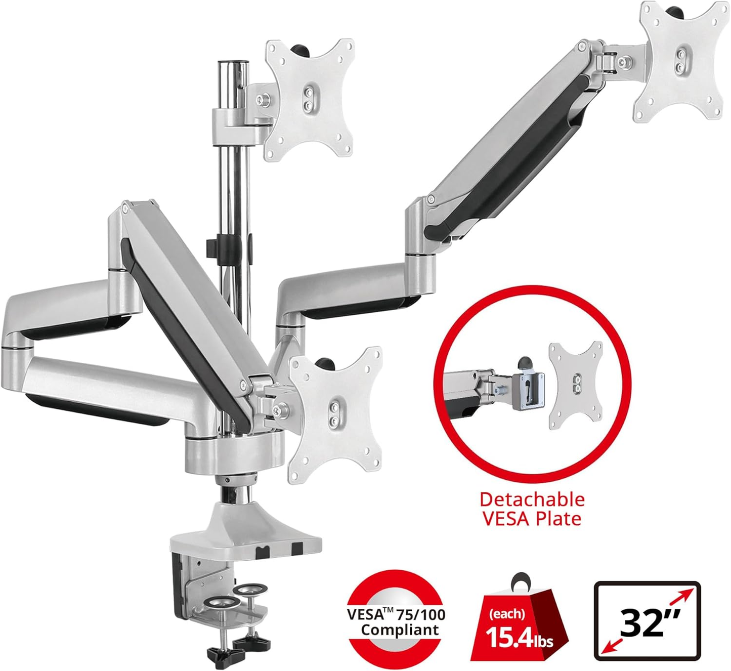 SIIG CE-MT3611-S1 Triple Aluminum Gas Spring C-Clamp Desk Mount 32