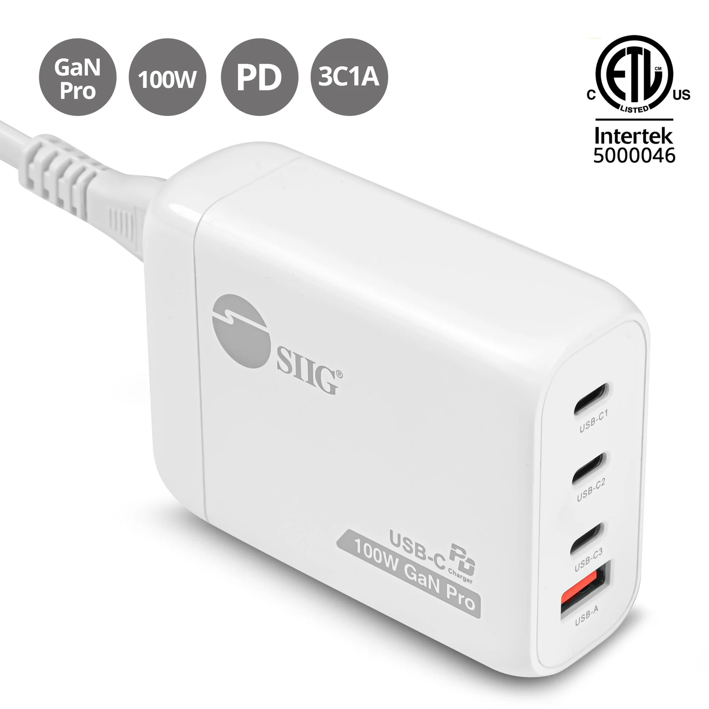 SIIG AC-PW2511-S1 100W GaN PD Combo Power Charger USB 3C1A White